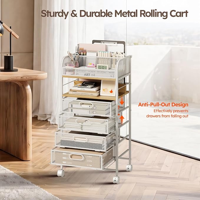Rolling Art Cart with 4 Drawers, Maple | Art Supplies Organizer, 5-Tier Storage, Adjustable Dividers, Anti-Pull Mesh Drawers, Metal Frame, 4 Casters with 2 Locks