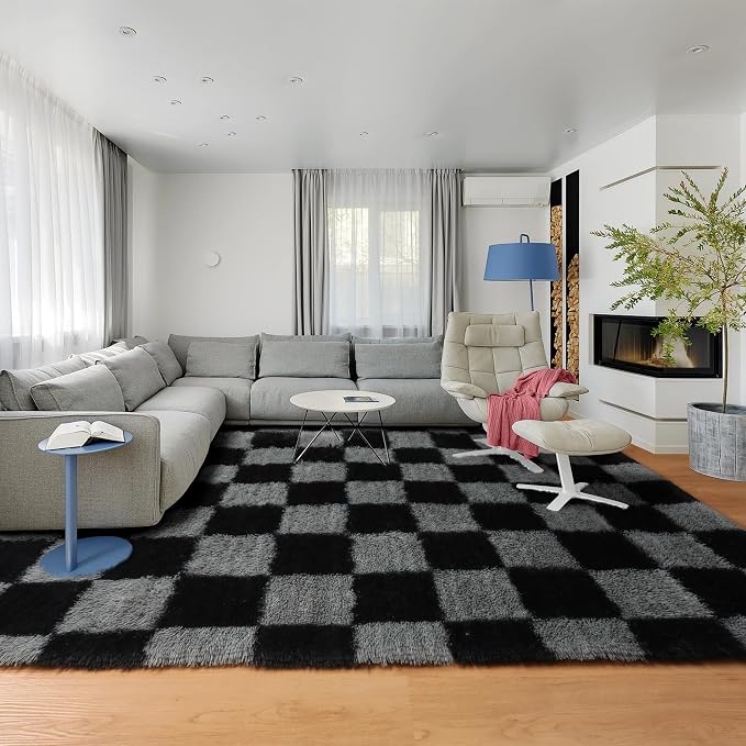 KICMOR Rugs for Living Room 7x9 Area Rug, Black and Grey Large Fluffy Shag Shaggy Fuzzy Checkered Bedroom Carpet, Indoor Soft Plush Big Rug for Kids Boys Girls Dorm Nursery Home Decor Aesthetic