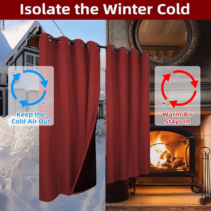 DriftAway Blackout Soundproof Thermal Insulated Linen Textured Curtains with Quilted Thermal Lining for Cold and Heat Blocking Noise Reducing Daytime Sleep 1 PC 52 Inches by 72 Inches Red