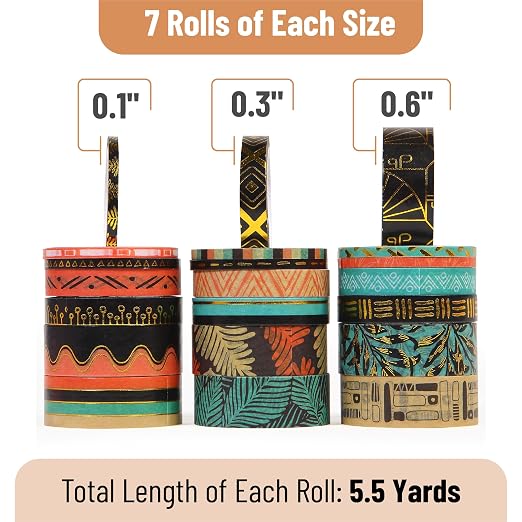 Mr. Pen- Washi Tape Set, 21 Rolls, Assorted Sizes, 5.5 Yards/Roll | Washi Tape for Scrapbook, Arts, Crafts, Journals and Planners, Ethnic Elegance Design