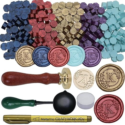 Initial Alphabet K Wax Seal Stamp Set, Retro Letter Sealing Stamp with 150Pcs Sealing Wax Beads in 5 Color, Melt Non Slip Spoon Pen Kit for Wedding and Christmas (K)