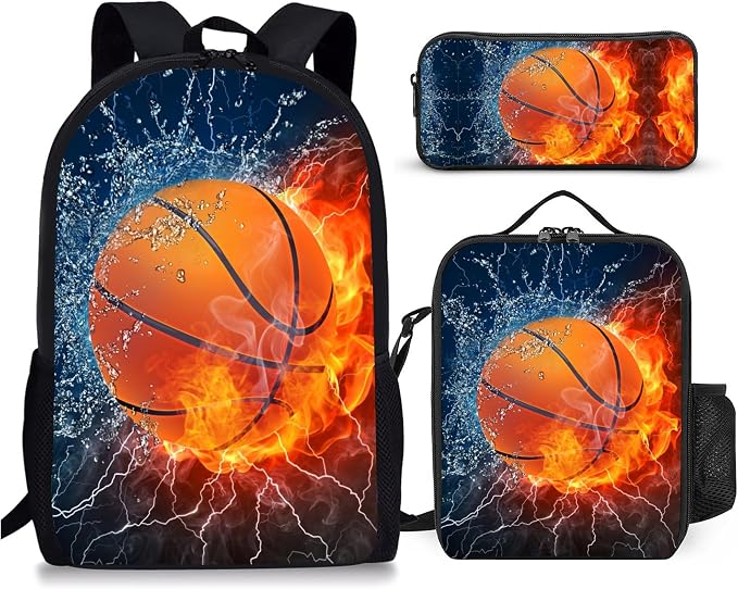 3PCS Basketball Backpack for Boys Girls Teens, School Backpack with Lunch Box Pencil Case for Elementary Middle High Students, 17 Inch Lightweight Bookpack 3 in 1 Set Back to Shool Supplies for Kids
