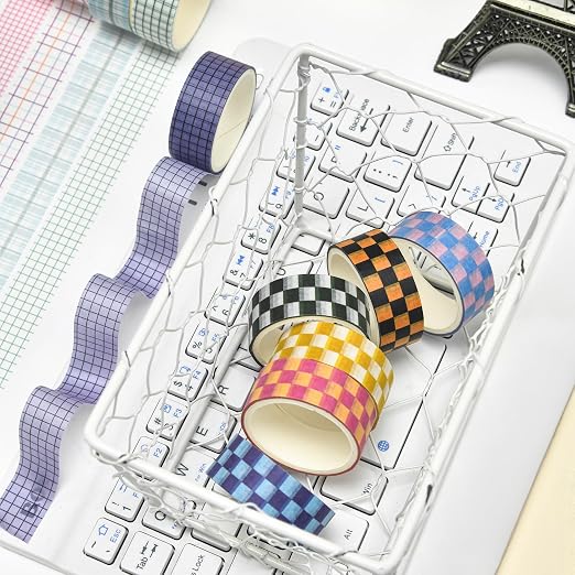 12 Rolls Grid Washi Tape Set Plaid Arts Adhesive Tapes Basic Patterns Decorative Masking Tape Sets for Craft, Kids, Scrapbook, DIY, Gift Wrapping (Style Two)