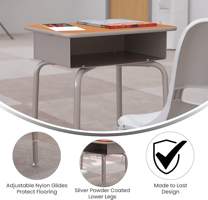 Flash Furniture Billie Student Desk - Walnut Open Front School Desk - Silver Metal Frame - 24"W x 18"D Adjustable Height, Durable for School or Remote Learning