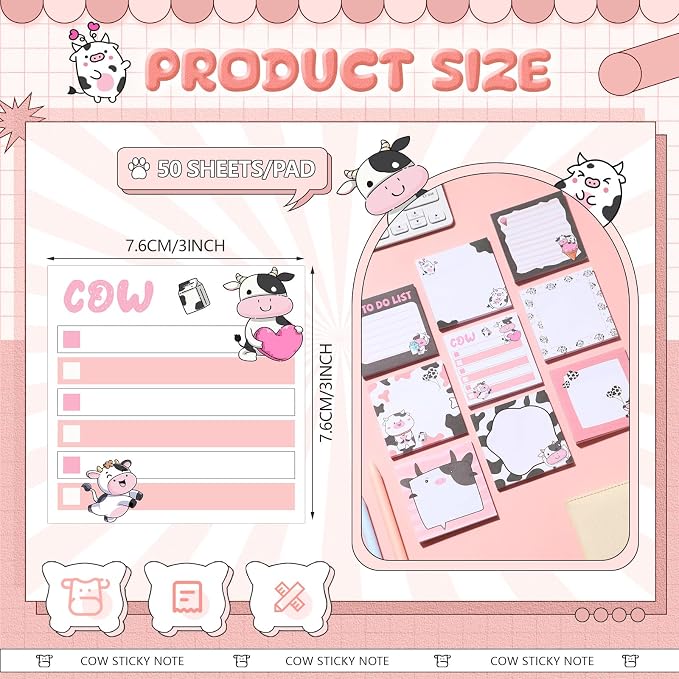 9 Pads Cute Sticky Notes Cartoon Self Stick Notepads 3x3 Inches Notes Adhesive Memo Pad Office Decor Gifts for Students School Teacher Office Meeting(Cow)