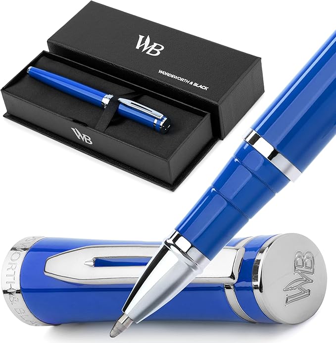 Wordsworth and Black Rollerball Pen - Luxury Pen - Chrome Finish, Blue Lacquer, Ink Refill, Refillable, Gift for Men & Women, Professional Writing, Nice and Fancy Pens and for Work