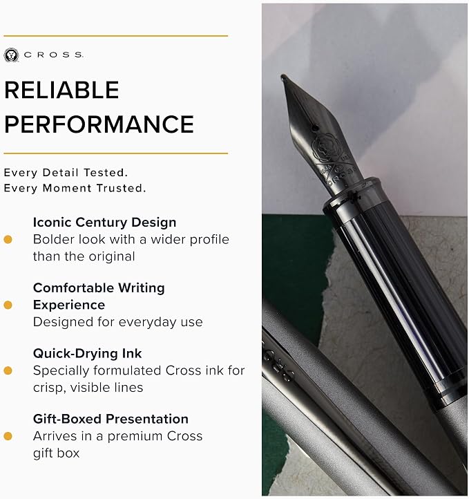 Cross Century II Gunmetal Gray Medium Nib Fountain Pen - Professional Pen for Everyday Use - Smooth Writing - Comfortable Grip - Black Ink - Durable Construction - Includes Gift Box