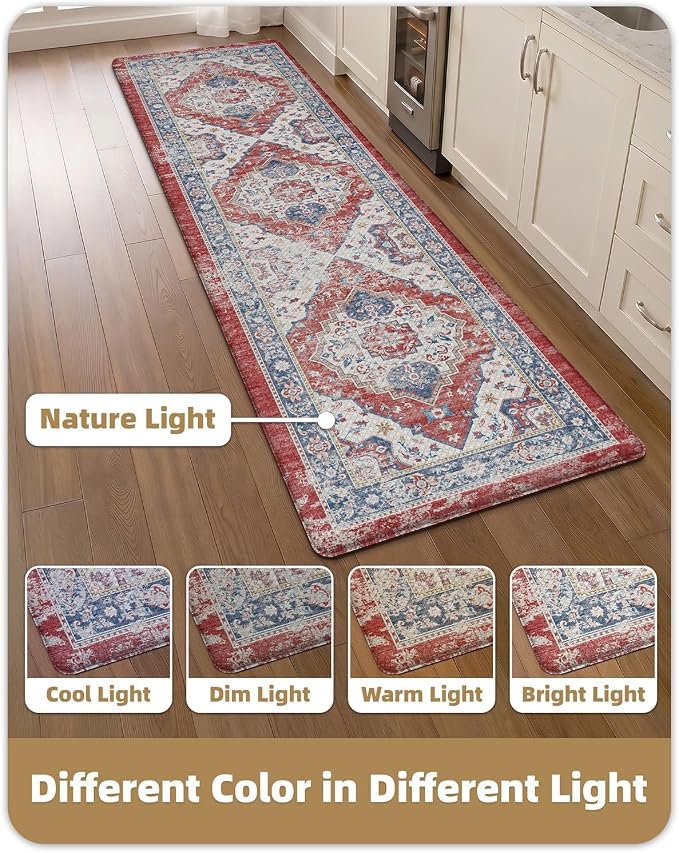 Color&Geometry Kitchen Mat for Floor 24x87 Faded Vintage Anti Fatigue, Red | 0.4in Cushion Standing Mat For Cooking/Working/Laundry, Boho Decor, Non Slip PVC Kitchen Rug, Oil/Water Proof, Anti Slip