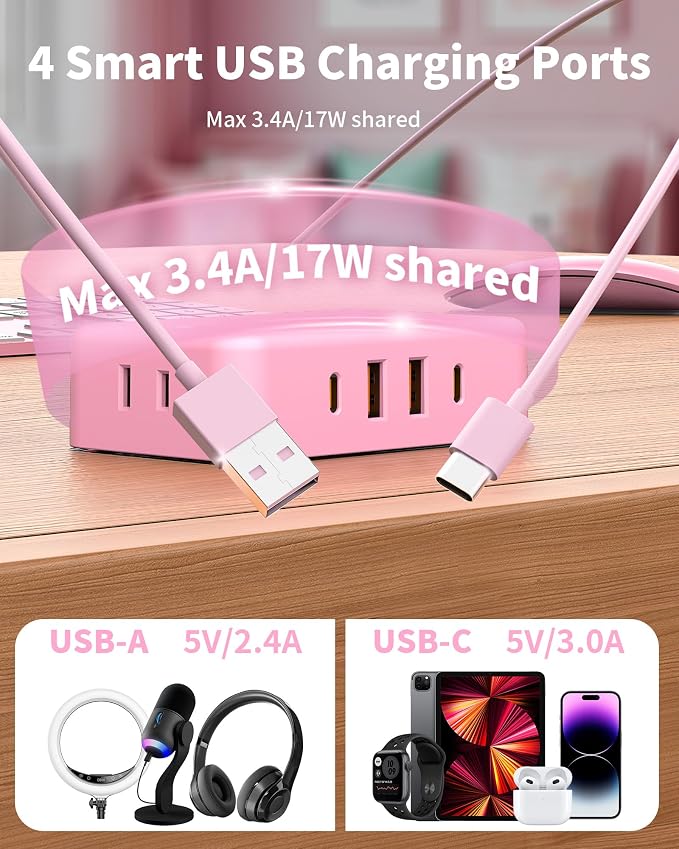 HOPOW Pink Extension Cord, 6 Ft Ultra Thin Pink Power Strip, 4 AC Wide Spaced Outlets and 4 USB (2 USB-C) Ports, No Surge Protector for Kawaii Desk Home Room Decor Essentials