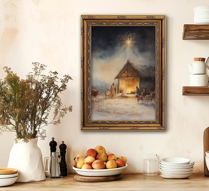 Vintage Nativity Scene Gold Framed Wall Art Birth of Jesus Christmas Christian Painting Canvas Prints Mary Joseph Holy Family Picture Star of Bethlehem Poster Artwork for Church Prayer Room, 16x24in