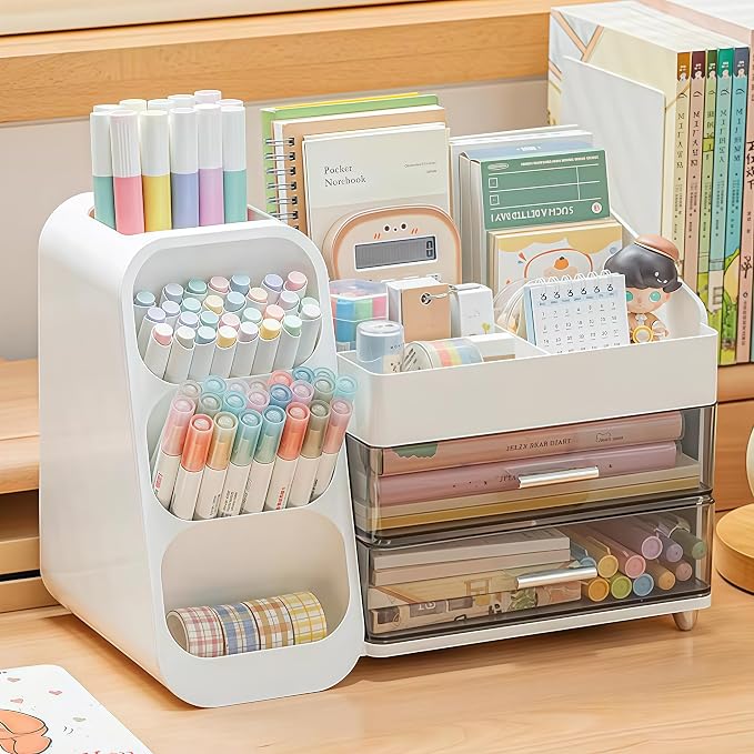 Desk Organizer with Pen Pencil Holder, Pen Organizer with 2 Drawers & 4 Compartments, Desktop Organizers and Storage for Office Home School Art Supplies (White)
