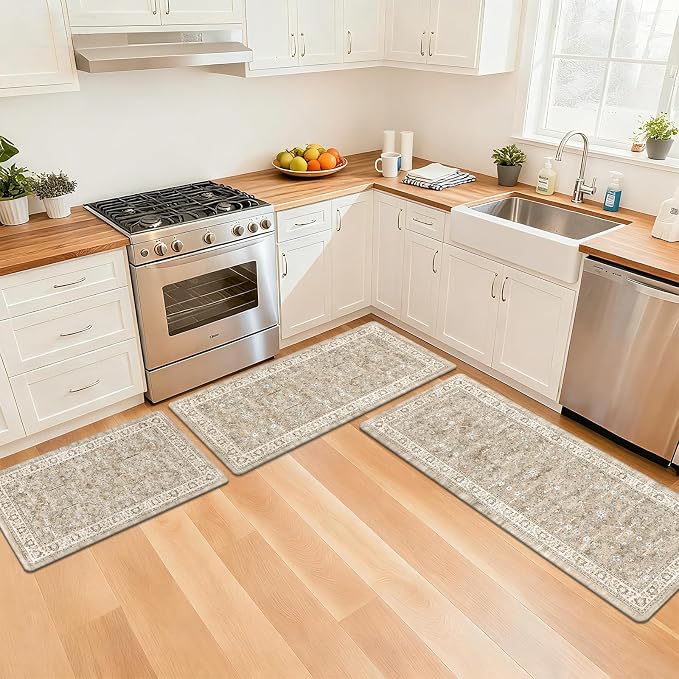 Pauwer Anti Fatigue Kitchen Floor Mats Set of 3, Cushioned Rug, Light Brown | Non Slip Comfort Standing Mat, PVC Foam Padded Kitchen Rugs, Waterproof Sink Rug for Small Kitchen Area, Laundry Room