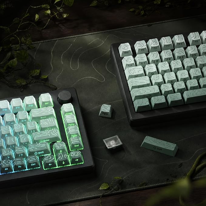 dagaladoo Seaweed Green Topographic PBT keycap Sets,Line Backlit Gradient keycaps,Shine Through Keyboard Keys caps,Side Printed Cherry Profile for 61/64/66/68/71/75/84/87/100/104 Mechanical Keyboards
