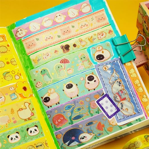 Cute Pets Washi Tape Set 13 Rolls Wide Gold Embellishment Decorative Masking Tapes for Arts, DIY Crafts, Journals, Planners, Scrapbook, Wrapping (Animal Kindergarten)