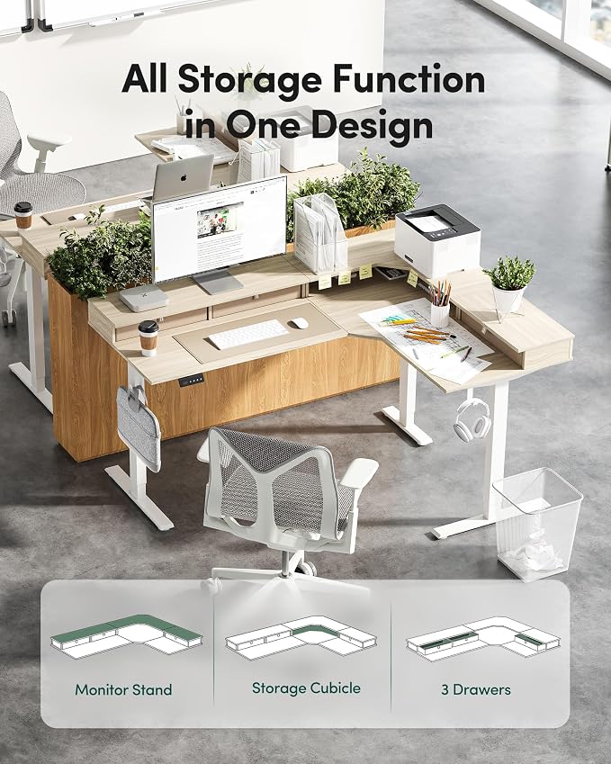 FEZIBO L Shaped Electric Standing Desk, 63 x 48inch Large with Drawers | Reversible Tabletop, 2 Memory Height Settings | Home Office & Gaming Height-Adjustable Table, Light Walnut （2 Packages）