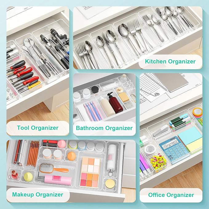 45Pack Makeup Drawer Organizers Set, 4Sizes acrylic desk organizer trays for vanity, bathroom, office, nightstand, junk for kitchen drawer, Versatile plastic drawer divider storage bins