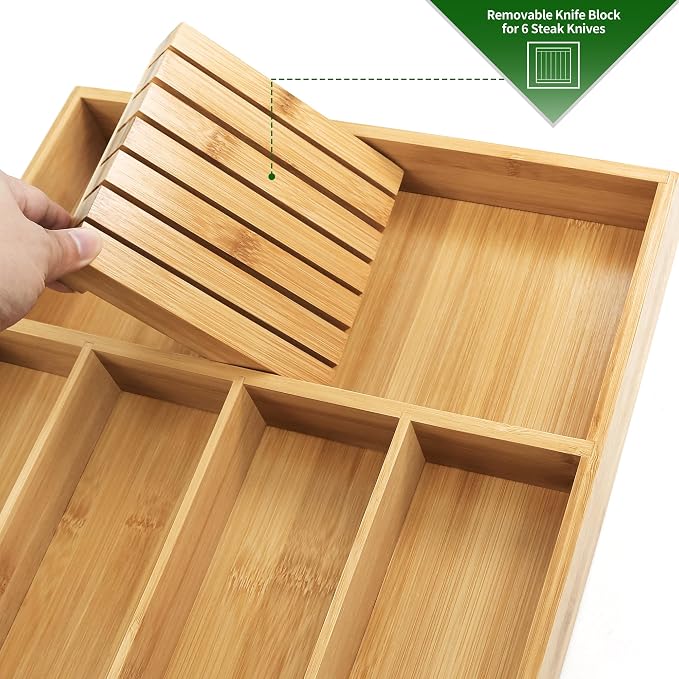 VaeFae Bamboo Silverware Organizer (Non-expandable), Utensil Holder for Drawer, Cutlery Tray with Divider for Kitchen Drawer, Utensil Organizer with Knife Block