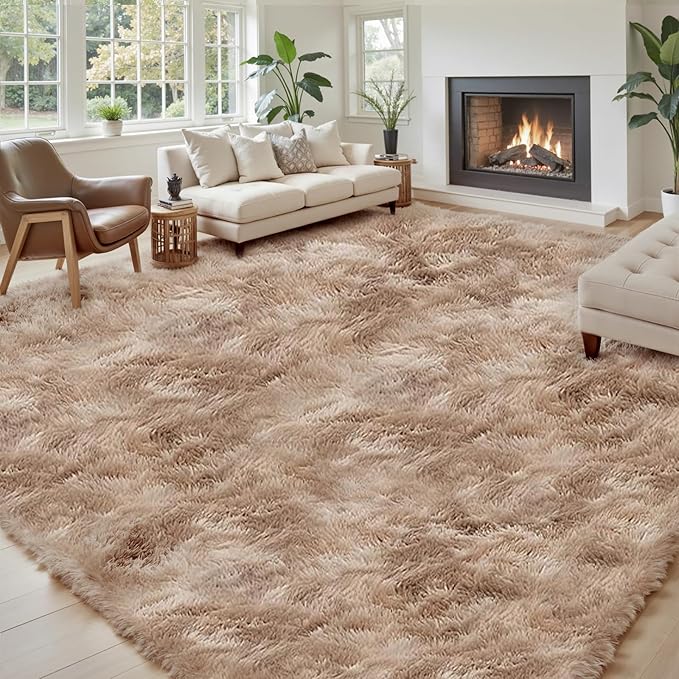 8x10 Area Rugs for Living Room Bedroom Rug, Large Area Rug Shag Shaggy Carpet Soft Plush Furry Bedside Rug, Rugs for Home Decor (Dark Beige Tie-Dyed, 8x10 Feet)