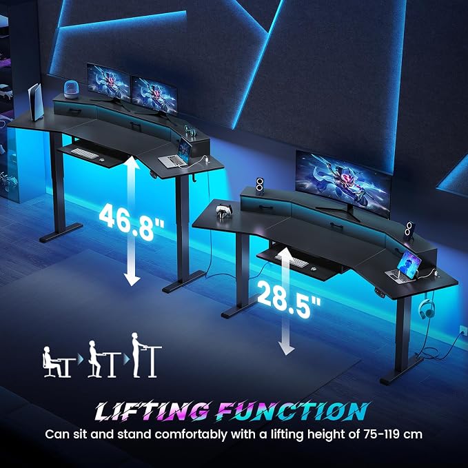 SEDETA 79'' Electric Standing Gaming Desk with Drawers and Led Lights, Height Adjustable Computer Desk with Power Outlet, Keyboard Tray for Home Office, Workstation, Stand up Gaming Table, Black
