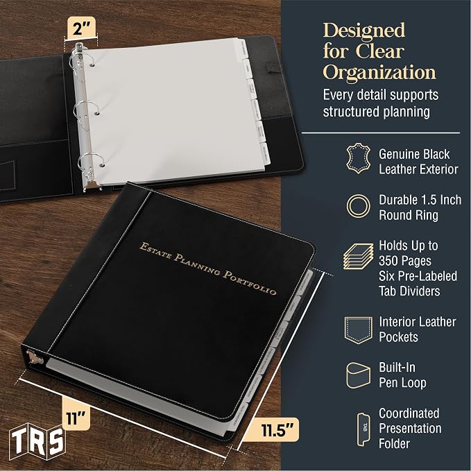 Estate Planning Leather Organizer Binder – Genuine Leather Estate Planning Portfolio, 3 Ring Round Ring Trust Binder with Tabs & Folder for Wills, Insurance & Legal Documents – Black Leather