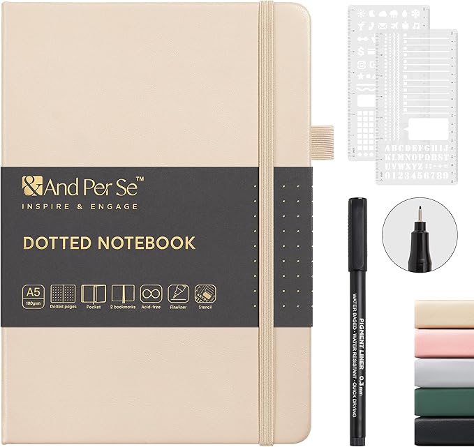 &And Per Se A5 Hardcover Dotted Notebook Kit for Beginners – 176 Numbered Pages, 100gsm Thick Paper, Includes Stencils & Fineliner Pen | Leather Bullet Journal with Templates, Lay Flat Design, Premium Gift for Women Men (Light Apricot)