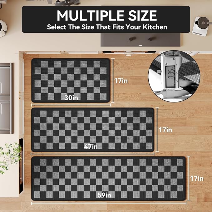 YDKGL Kitchen Runner Rugs Non Slip Washable, Super Absorbent Kitchen Mats for Floor, Linen-Look Woven Sink Mat Standing Mat, Easy Clean, Black Gray Checkered 17"x59"