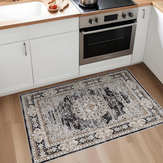 Puino Washable Entryway 2x3 Rug: Small Boho Rugs for Indoor Entrance Non Slip Backing Stain Resistant Carpet Low Pile Throw Rugs for Bedroom Bedside Inside Front Door Floor Kitchen Decor(Black,2x3FT)