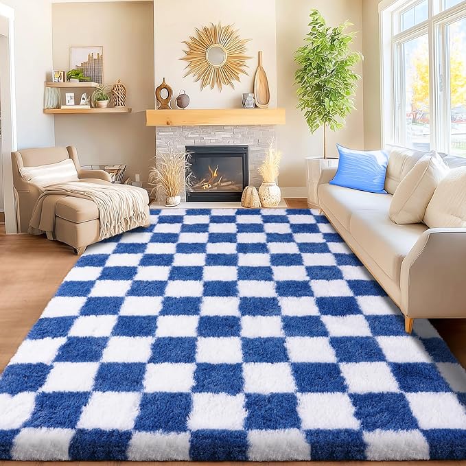 Area Rugs for Living Room Bedroom 9x12, Ultra Fluffy Shag Checkered Rug Modern Washable Carpet Soft Shaggy Non Slip Indoor Plush Fuzzy Rugs for Bedroom Dorm Office Home Aesthetic Decor, Navy and White