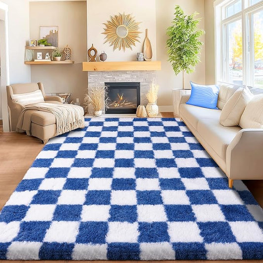Area Rugs for Living Room Bedroom 9x12, Ultra Fluffy Shag Checkered Rug Modern Washable Carpet Soft Shaggy Non Slip Indoor Plush Fuzzy Rugs for Bedroom Dorm Office Home Aesthetic Decor, Navy and White