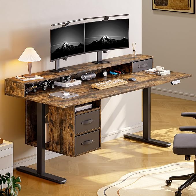 ONBRILL Standing Desk with Drawers, 55x24 Inch Electric Stand Up Desk with 3 Drawers and Open Storage Shelf, Adjustable Height 28-46 Inches for Home and Computer Workstation, Rustic Brown