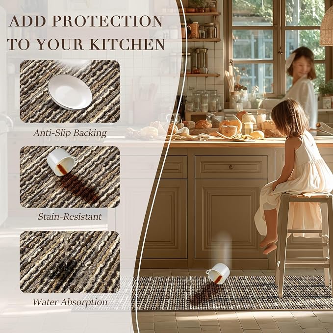 Kitchen Rugs Sets of 2-Non Slip Kitchen Mats for Floor-Thick Stain Resistant Vintage Kitchen Floor Mat Runner Carpet for Hallways Entryway Laundry Room Washable（Brown 24"x70"+24"x35"）