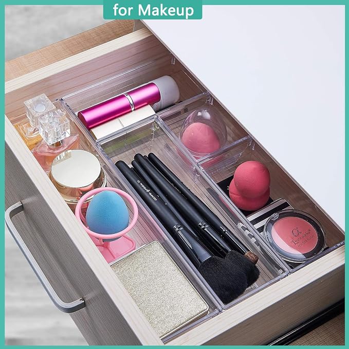 DCA 6 Pack Clear Drawer Organizer, Multi-Size Storage Bins | Makeup, Cosmetics & Utensils | Drawer Tray set | Customizable Layout | Easy to Clean
