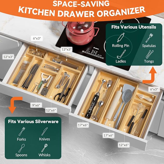 Lixple Bamboo Kitchen Drawer Organizer, Stackable Utensil Holder Silverware Organizer Cutlery Tray - 2PCS Organizer Bins for Makeup Jewelries Flatware in Bathroom, Office Desk, Cabinets, 15x6x2 inch