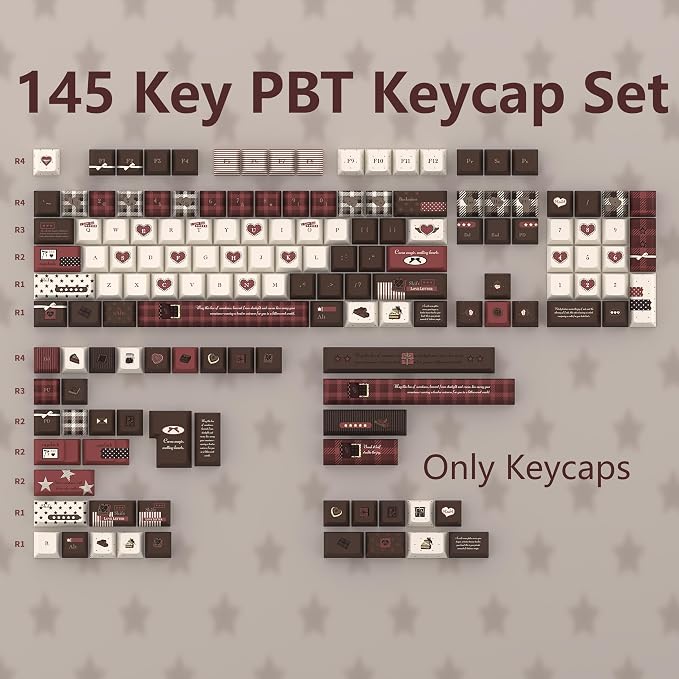 145 Keys Velvet Chocolate Keycaps, Dye-Sublimation PBT Custom Keycap Set for Cherry Profile, Cute Dark Red White Keycap for MX Switches Mechanical Gaming Keyboard