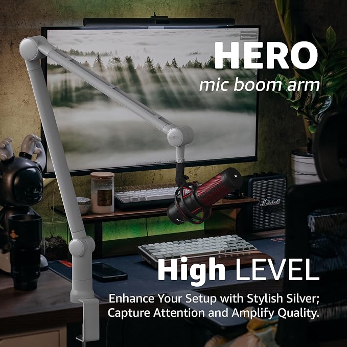IXTECH Boom Arm - Adjustable 360° Rotatable Microphone Sturdy Stainless Steel Mic Desk, Table Stand Foldable Scissor Stable Mount Arms for Radio Studio, Podcast, Gaming (MATTE SILVER)
