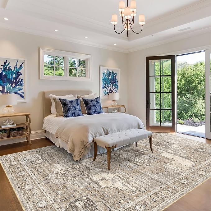 RUUGME Living Room 10x12 Area Rug - Washable Lightweight Area Rug Stain Resistant Carpet Vintage Soft Rugs for Bedroom with Non Slip Backing Indoor Ultra-Thin Rugs Home Decor 10x12 Beige