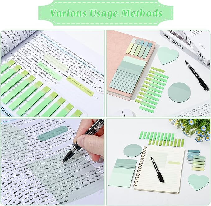850 Sheets Transparent Sticky Notes, 3 x 3 Inch Clear Sticky Notes with Marker Pen for Bible, Waterproof Self-Adhesive Annotation Tabs, Gradient Color Note Pads for School Office (Green)