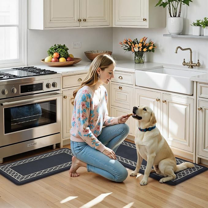 LEEVAN Anti Fatigue Kitchen Mats for Floor, Cushioned Kitchen Mat Set 2PCS | 17.3"x29"+17.3"x47", Boho Navy Blue Kitchen Rugs Non-Slip, Waterproof Ergonomic Standing Mats for Laundry, Office, Bar & Sink