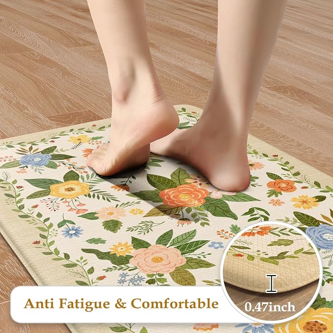 KIMODE Kitchen Mats for Floor Anti Fatigue,Beige Boho Kitchen Rugs Non Slip | Padded Kitchen Floor Mats, Memory Foam Kitchen Mats Cushioned, Standing Desk Mat for Laundry Office Bath Sink 17"x47"+17"x29"
