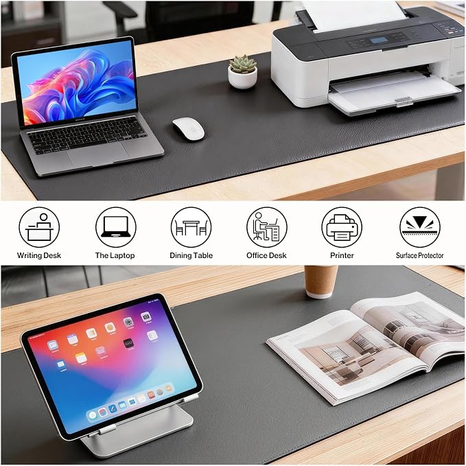 POCHAR Vegan Leather Desk Mat 31" x 16" - Desk Pad Protector for Desktop | Non-Slip PU Leather Dual-Sided Office Desk Blotter for Laptop Mouse Keyboard - Waterproof Writing Signing Pad, Gray