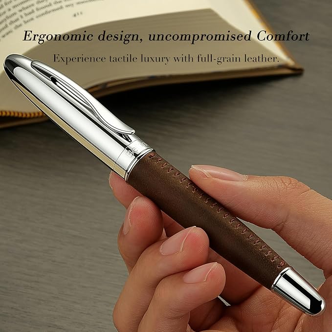 BEILUNER 318 Luxury Leather Pen, Full Grain Oil Tan Crazy Horse Cowhide Leather, Chrome-Plated Finish, Smooth Black Ink Refill, Best Rollerball Gift for Men & Women,Executive, Professional, Nice Pens