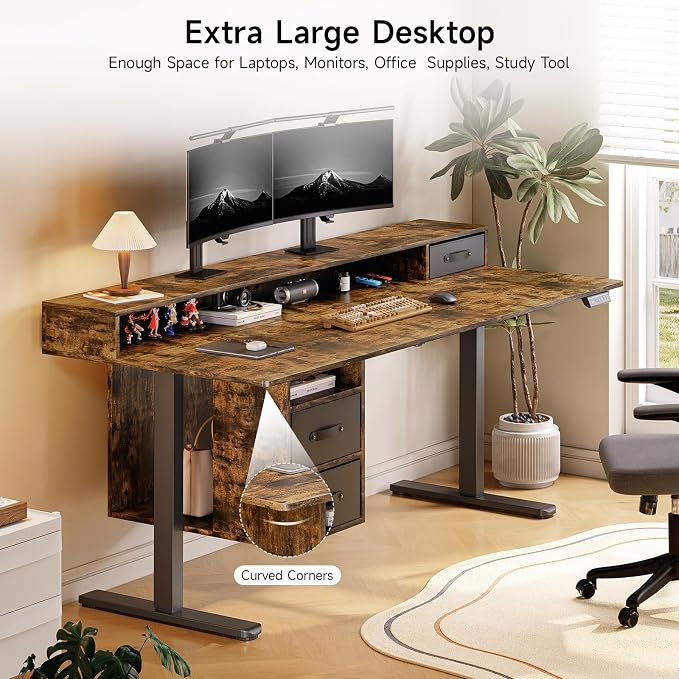 ONBRILL Standing Desk with Drawers, 55x24 Inch Electric Stand Up Desk with 3 Drawers and Open Storage Shelf, Adjustable Height 28-46 Inches for Home and Computer Workstation, Rustic Brown