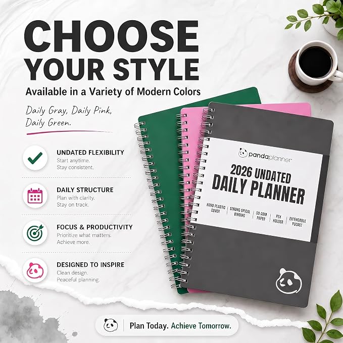 Panda Planner 2026 Undated Daily Planner 5.75" x 8.25", Gray | 90-Day Spiral Academic, Productivity Planner, Hourly Schedule, To-Do List, Monthly Calendar, ADHD-Friendly Panda Journal