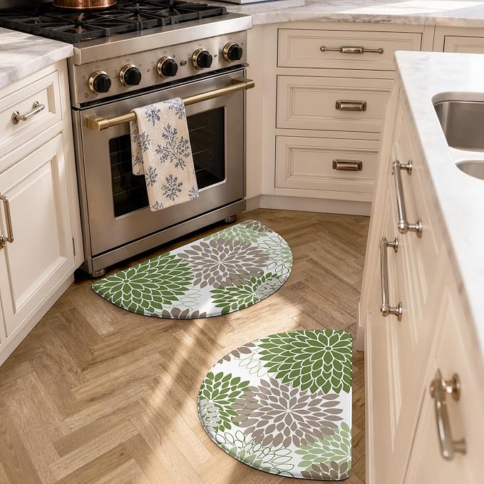 KIMODE Half Circle Anti Fatigue Mats for Kitchen Floor Kitchen Mats 2PCS | 18"x28+18"x28",Sage Green,Dahlia Floral Boho,Kitchen Rug Sets of 2,Non Slip,Waterproof,for Sink Office Laundry Bathroom Decor