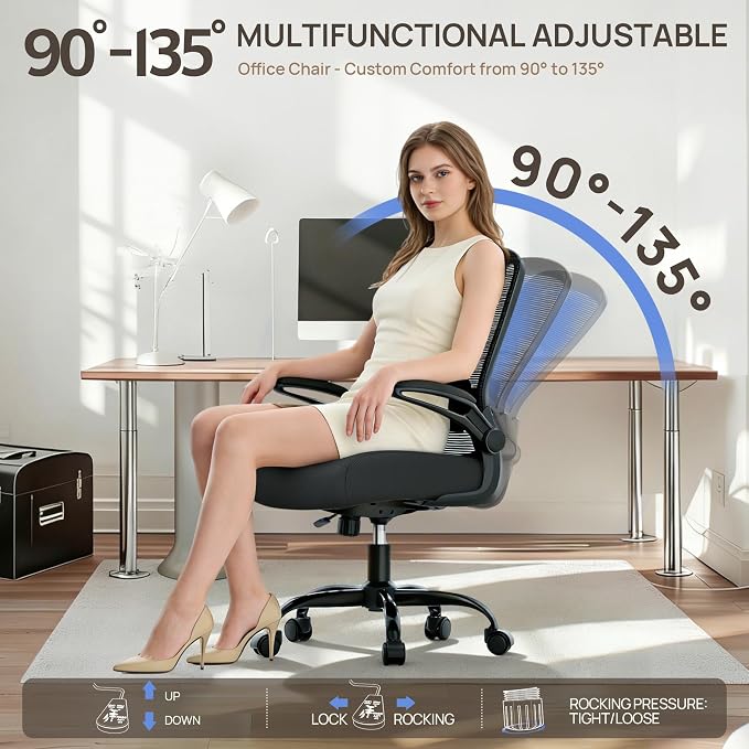 Mimoglad Ergonomic Office Chair, Comfortable Desk Chair with Flip-up Armrests, Adjustable Lumbar Support, 135° Reclining Mesh Computer Chair for Home Office, Small Spaces and Team Office, Black | Supports 300 lbs · Seat 19.48"–23.4" · Breathable mesh ·...