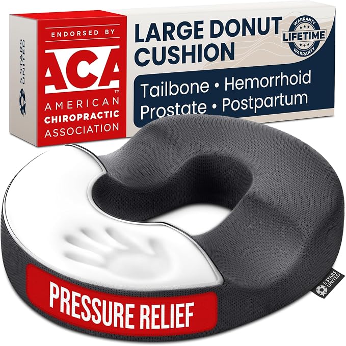 5 STARS UNITED Donut Pillow for Tailbone Pain & Hemorrhoids – Large Memory Foam Seat Cushion for Bed Sore-Prone Areas & Pressure Relief – Prostate, Postpartum & Pregnancy Support, Gray Mesh Cover