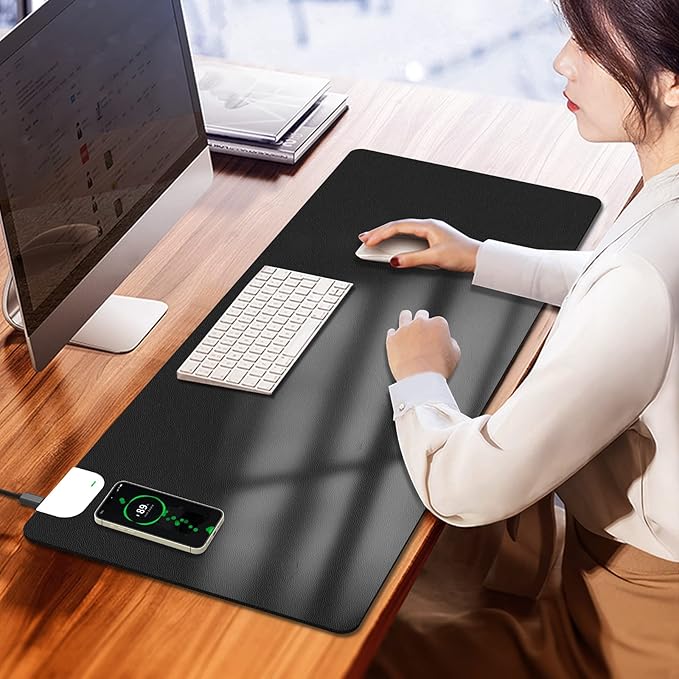 Leather Desk Pad Protector, Mouse Pad Large, Office Desk Mat On Top of Desks, Black Desk Mat for Desktop, Wireless Charging Mouse Pad, Waterproof Computer Keyboard Mat for Gaming 35.4"X16.5"X1.6"