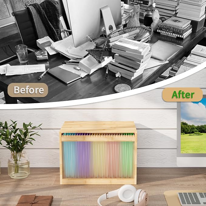 Bamboo Hanging File Organizer, Desk File Box with Lids, 1 Pack, Natural | Removable Lid, Clear Acrylic Side Panels, 2 Hanging Folders Included, Helps Reduce Dust, Letter & Legal Size, Easy Assembly