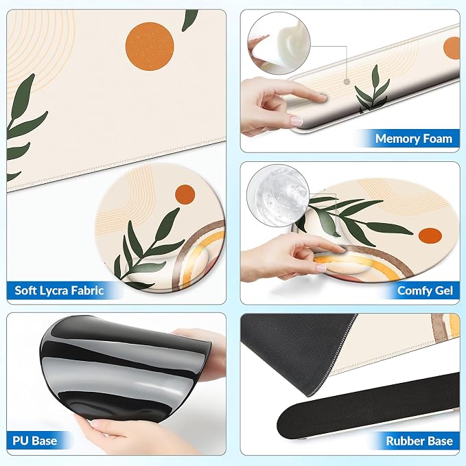 Desk Mat Set + Keyboard and Mouse Pad with Wrist Rest Support,4-in-1 Large Mousepad Computer Mats for Desktop Home & Office-Boho Leaves