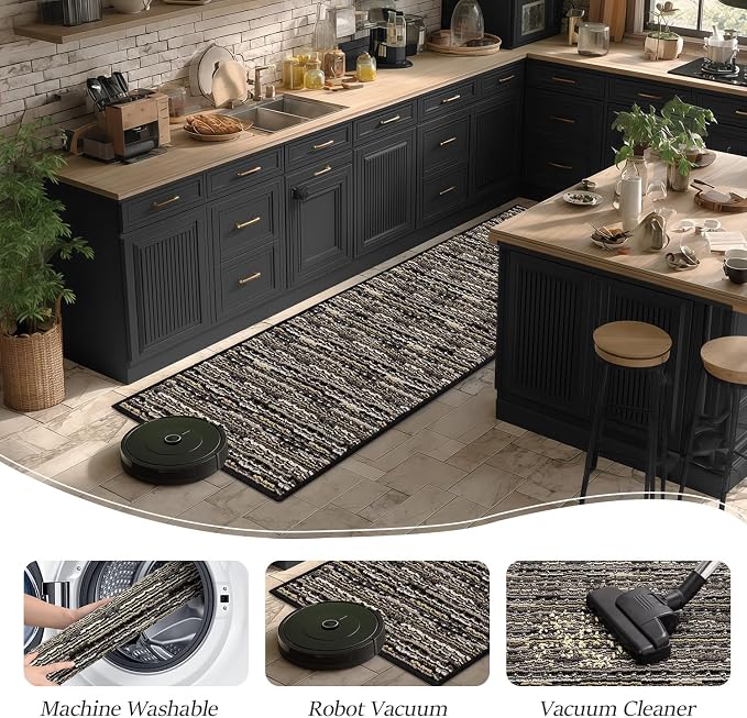 Kitchen Rugs Sets of 2-Non Slip Kitchen Mats for Floor-Thick Stain Resistant Vintage Kitchen Floor Mat Runner Carpet for Hallways Entryway Laundry Room Washable（Black 24"x79"+20"x47"）